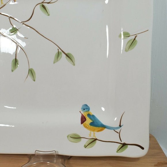 3 Pier1 Robin Square Dinner Plates 10.75" vintage handpainted birds stoneware - Picture 4 of 11
